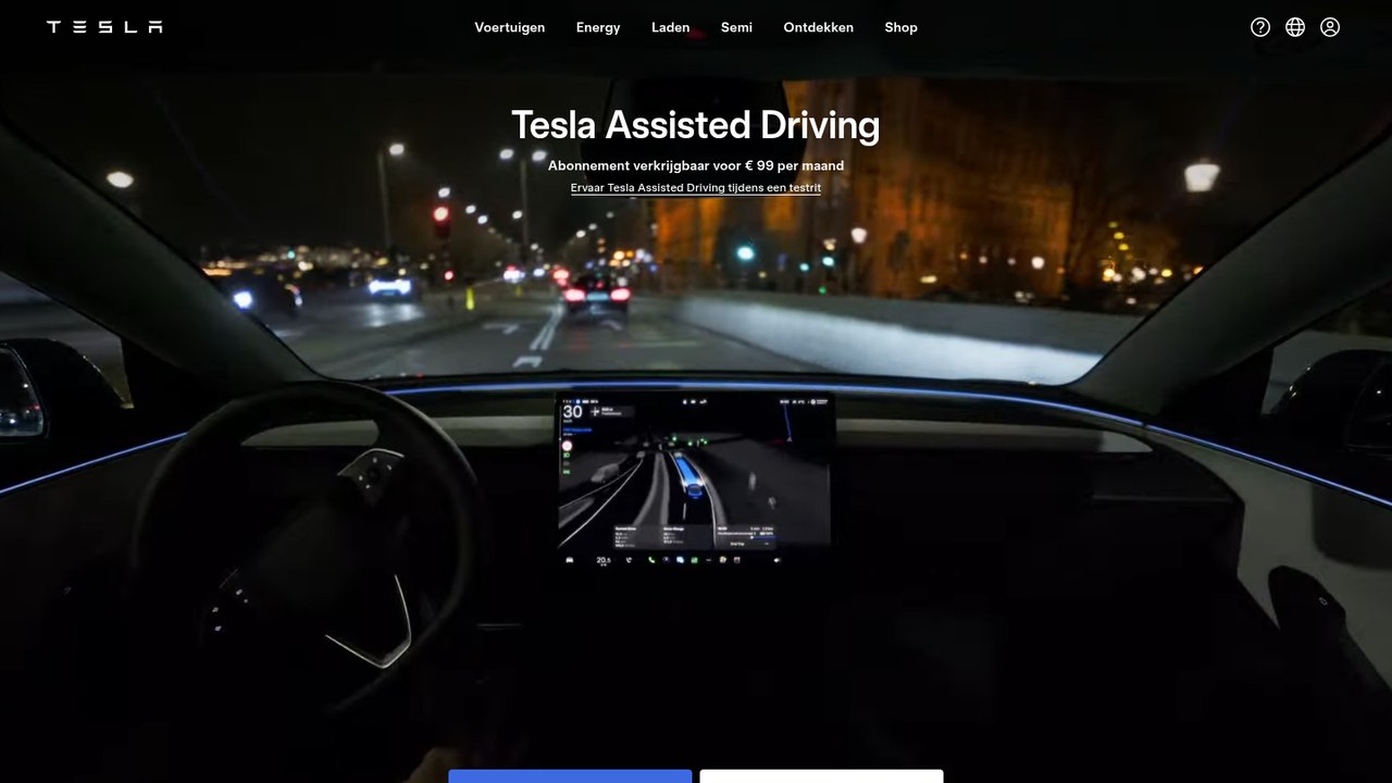 테슬라 네덜란드 웹사이트 Tesla Assisted Driving 월 99유로 구독 안내