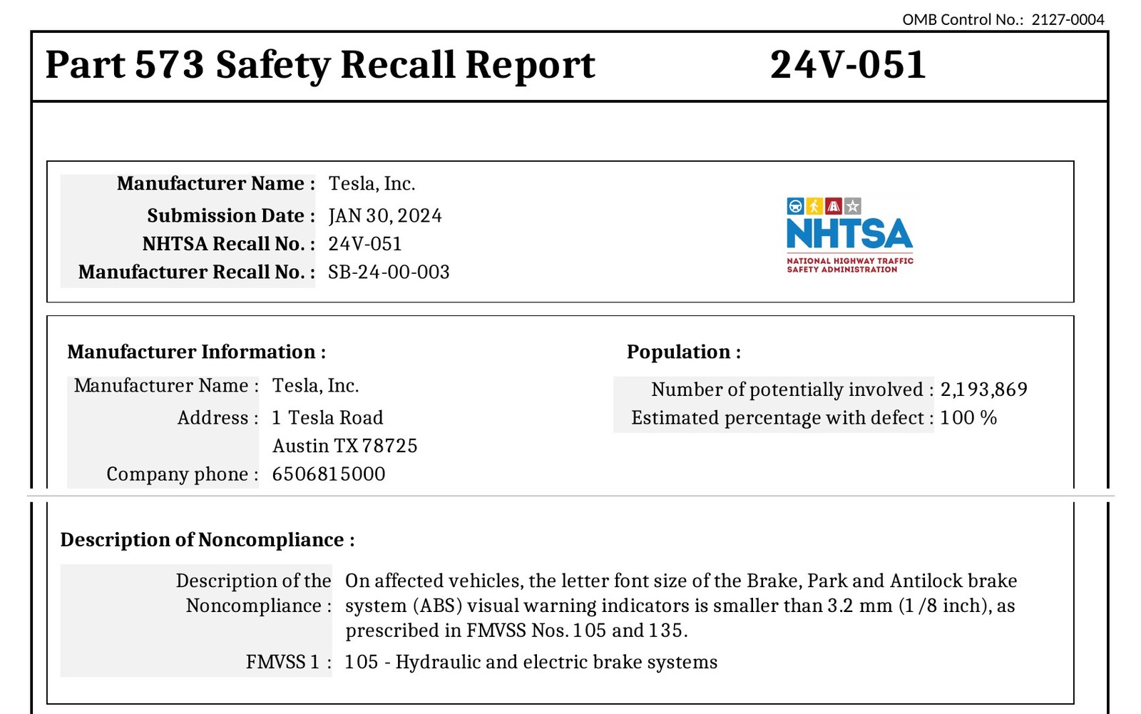 NHTSA 리콜 보고서 24V-051 경고등 글자 크기
